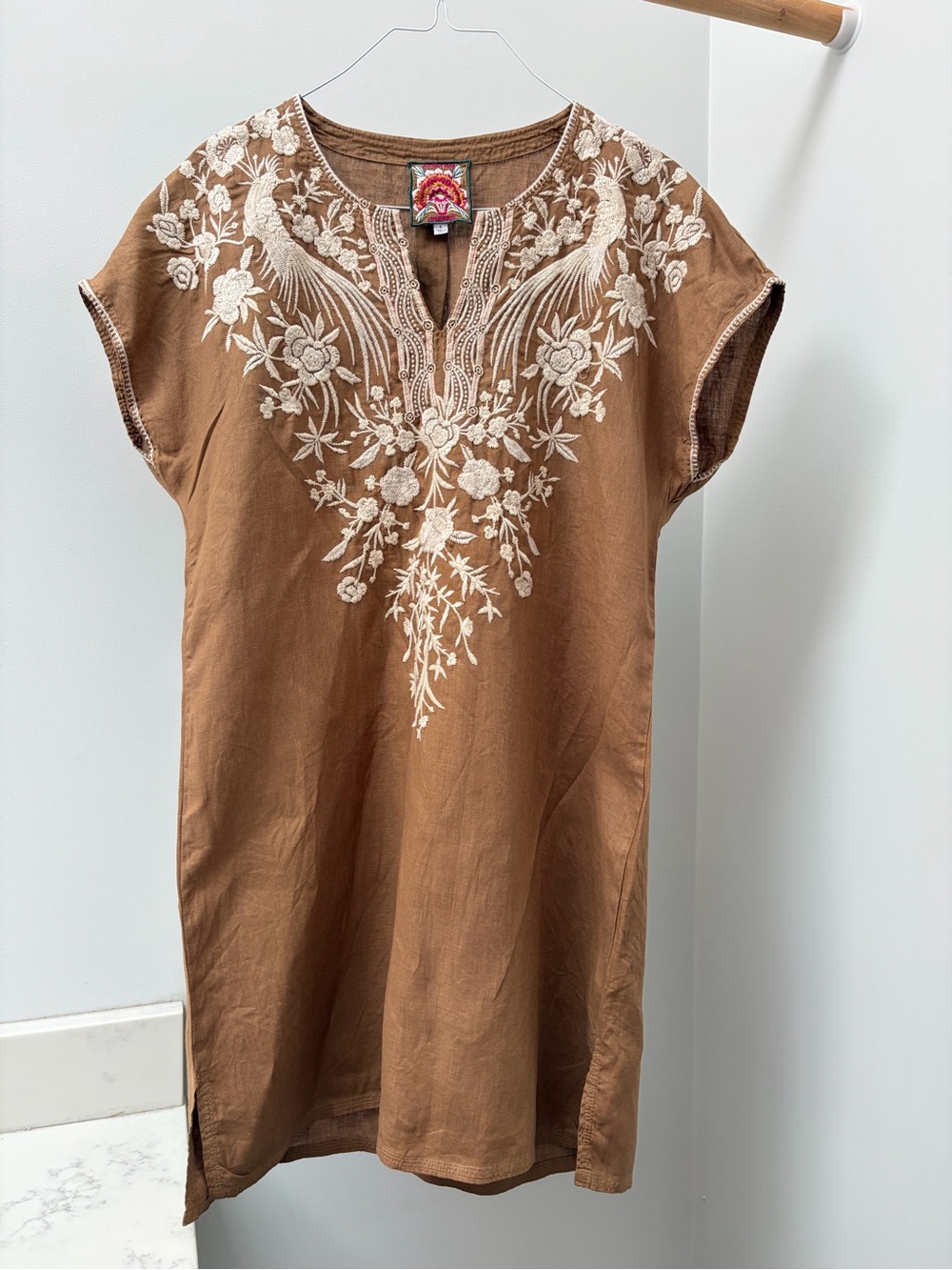 Johnny Was LA Embroidered Brown Tunic Dress with Cream Floral Detail